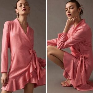 Anthro Vineet Bahl Pink Sequin Wrap Blazer Ruffle Mini Dress in Barbie Pink.